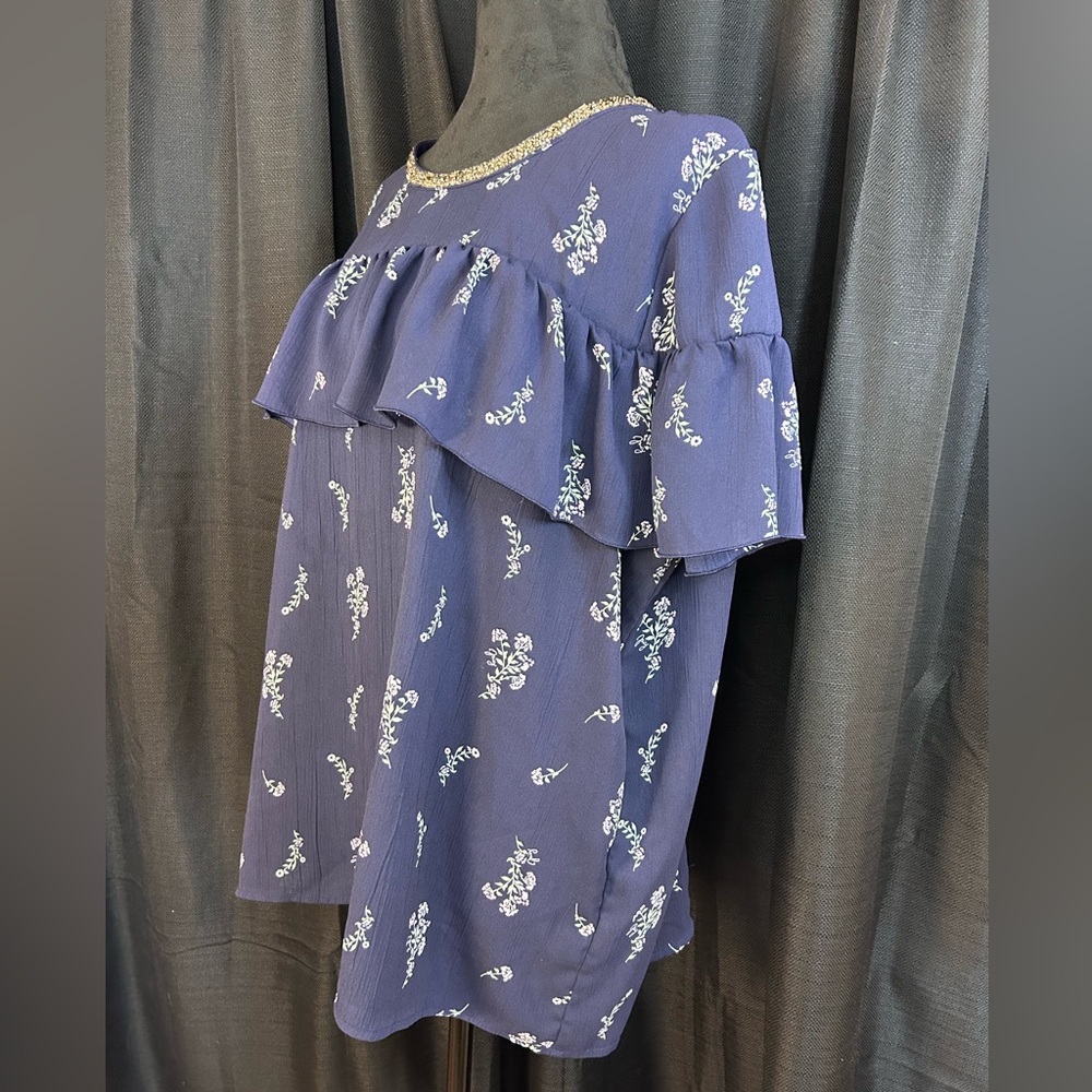 JUICY COUTURE Navy Blue Ruffle Sleeve Sparkle Collar Floral Blouse XXL f9